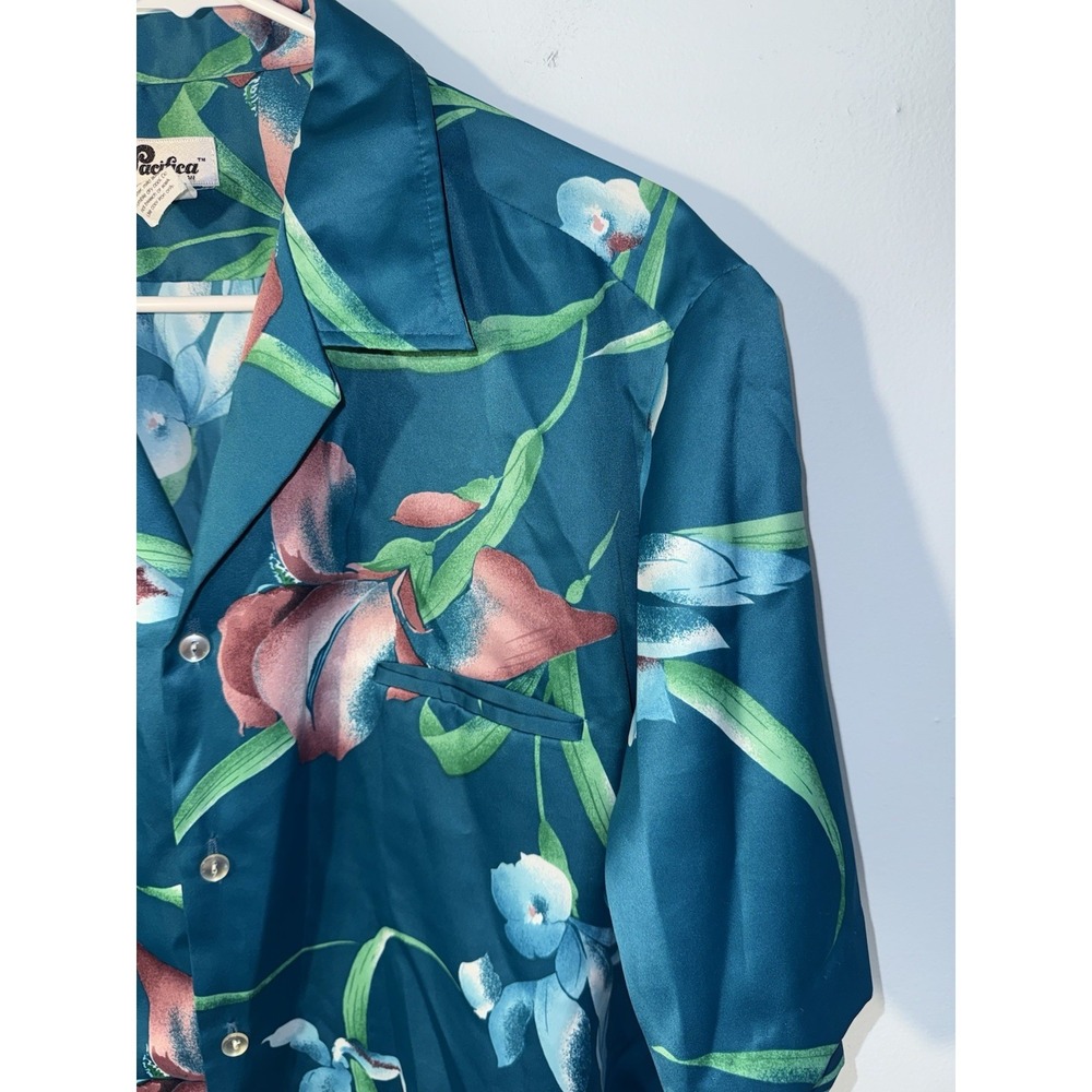 PACIFICA Men's Vintage Hawaiian Button Shirt Floral Teal Beach Summer Size XL - Picture 2 of 5